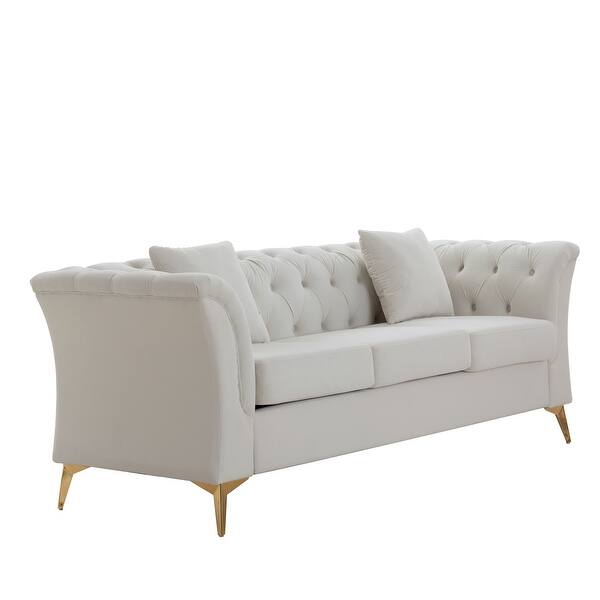 Beige Modern 3 Seat Tufted Velvet Curved Sofa with Scroll Arms Bed Bath & Beyond 36920265