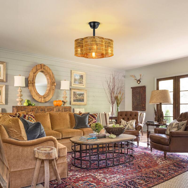 4-Light Modern Farmhouse Black and Deep Brown Geometric Drum Ceiling Fan Lighting with Remote Included - 20 in. W x 8.27 in. H