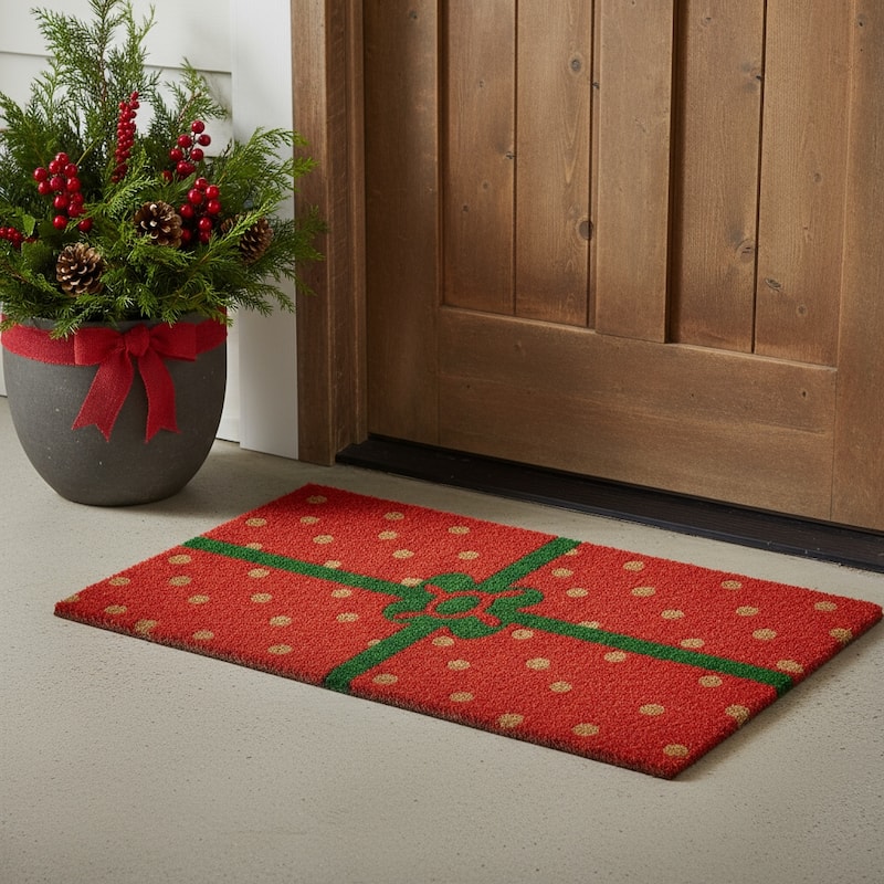HomeRoots 17" X 29" Brown Green And Red Christmas Outdoor Coir Door Mat - 17.00' X '29.00 - 17.00' X '29.00