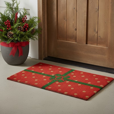 HomeRoots 17" X 29" Brown Green And Red Christmas Outdoor Coir Door Mat - 17.00' X '29.00