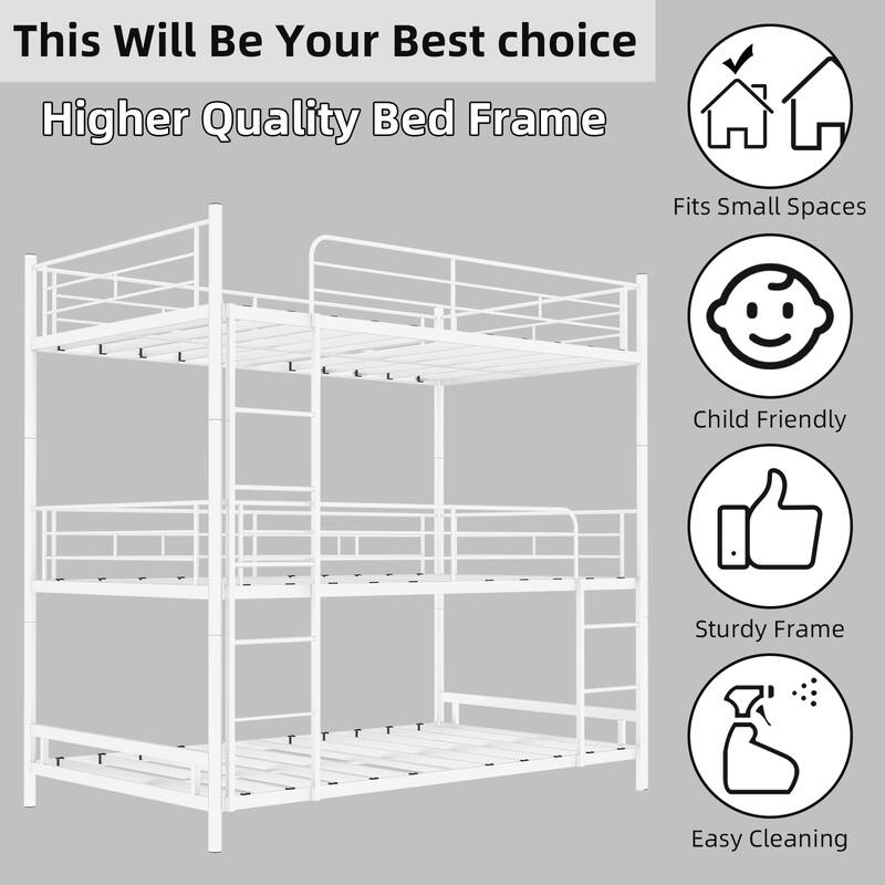 Heavy-duty triple frame bed with built-in ladder and full-length railing