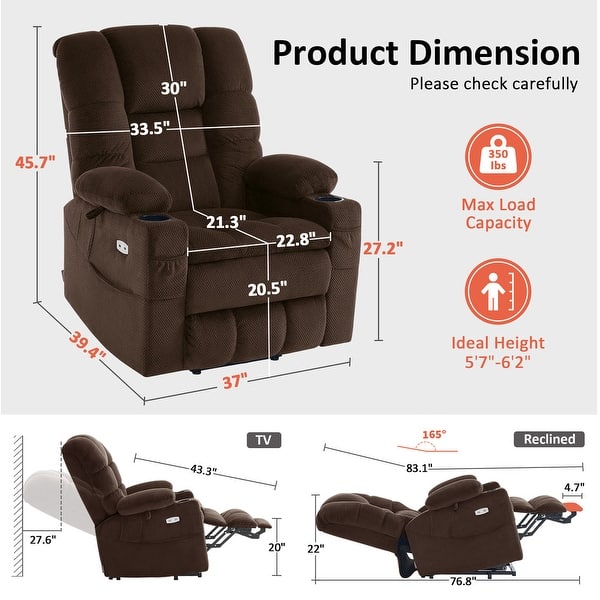 dimension image slide 3 of 5, MCombo Large Dual Motor Power Lift Recliner Chair with Massage and Dual Heating for Big and Tall Elderly People, Fabric 7634