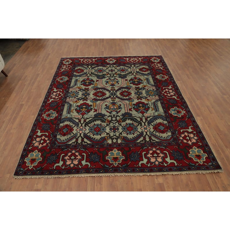 Hand Knotted Oriental 100% Wool Carpet Transitional Geometric Green Oushak Area Rug - 9' 11'' X 7' 11''