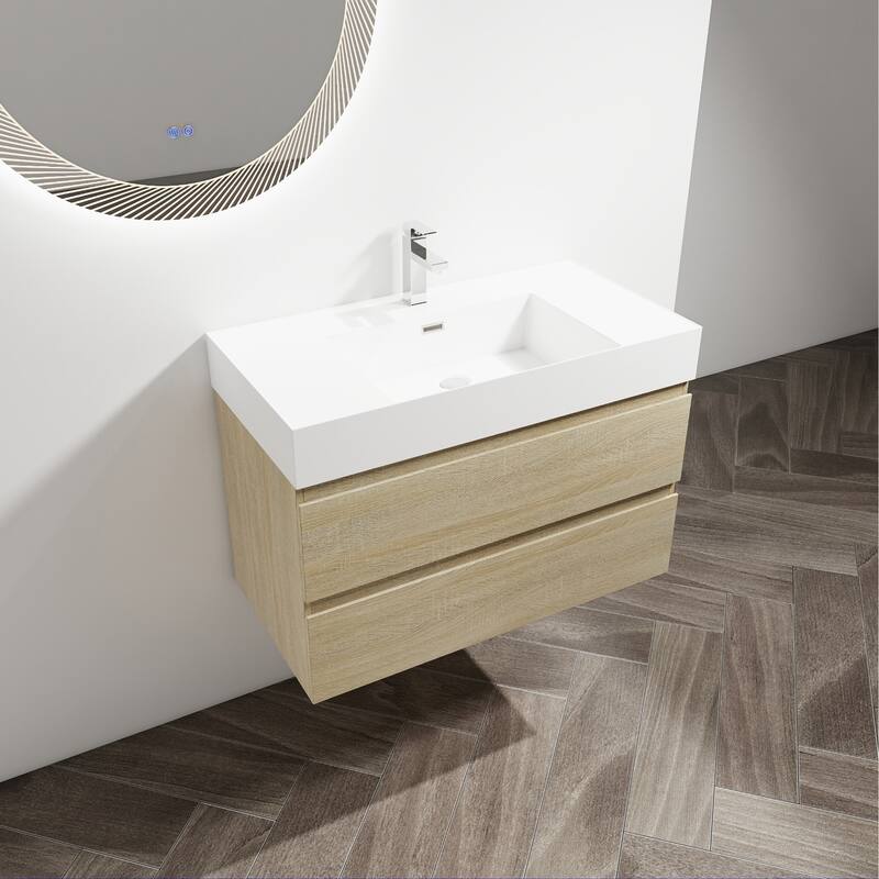 24/30/36 Single Sink Wall-Mounted Bathroom Vanity with Integrated Thick Edge Resin Sink