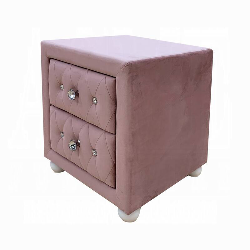 Pink Fabric Upholstered Nightstand with Crystal Knobs