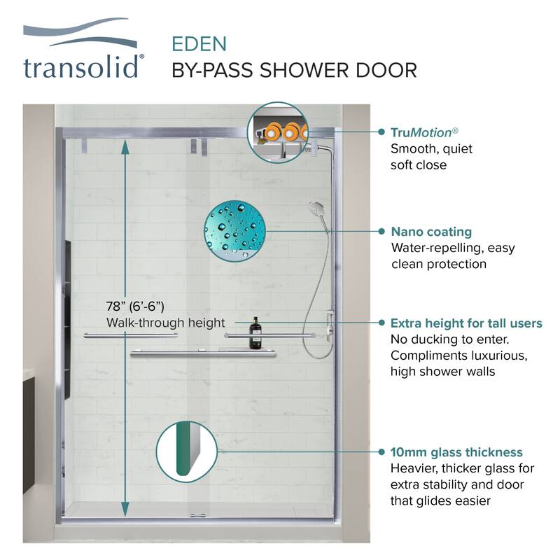 Transolid EBPT608010L-S 80" High x 60" Wide Bypass Frameless Shower