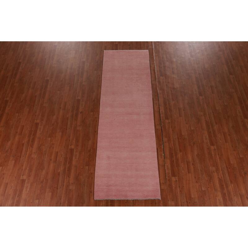 Hand Knotted Oriental 100% Wool Carpet Modern Solid Pink Gabbeh Runner Rug - 10' 1'' X 3' 1''