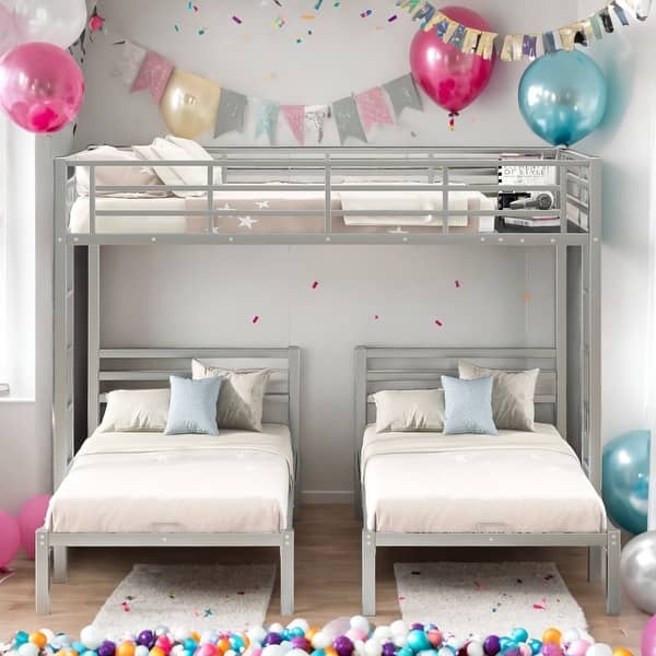 slide 2 of 24, Full over Twin&Twin Size Metal Bunk Bed with Built-in Shelf,Space-Efficient,Silver Silver
