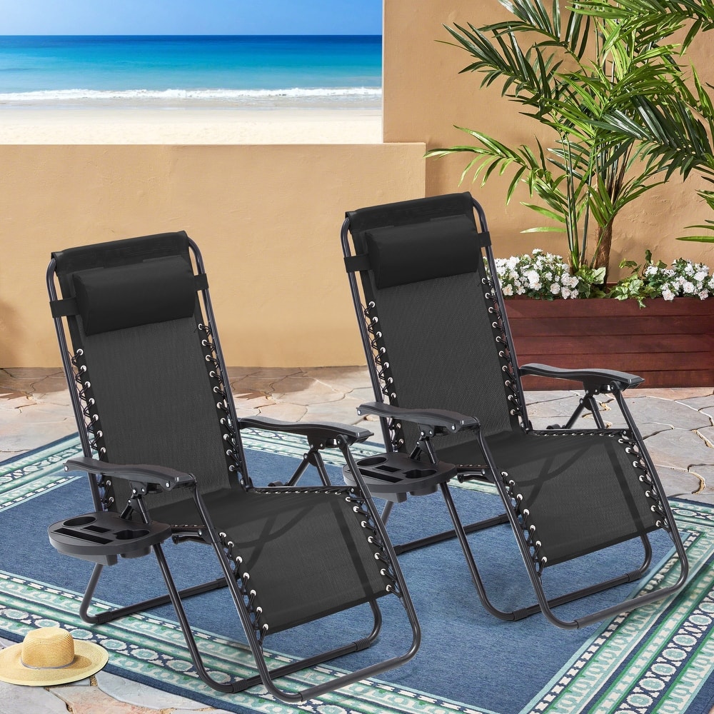 Zero Gravity Lounge Chair Set of 2 – Outdoor Folding Recliners with Cup Holder, Adjustable Headrest, Weather-Resistant Fabric