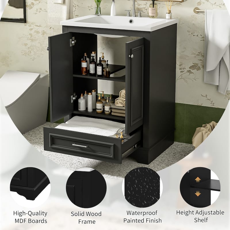 24 Inch Bathroom Vanity with Sink, Solid Wood Frame Cabinet with Adjustable Shelf, Ceramic Top, Silver Handles