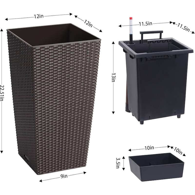 Set of 2 Garden Decor 22.5" Tall Indoor Outdoor Planters with Tray & Water Level Gauge