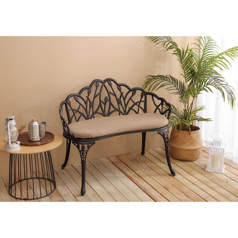 Patio Garden Bench Metal Park Bench Cast Aluminum Outdoor Furniture with Floral Rose，with cushion