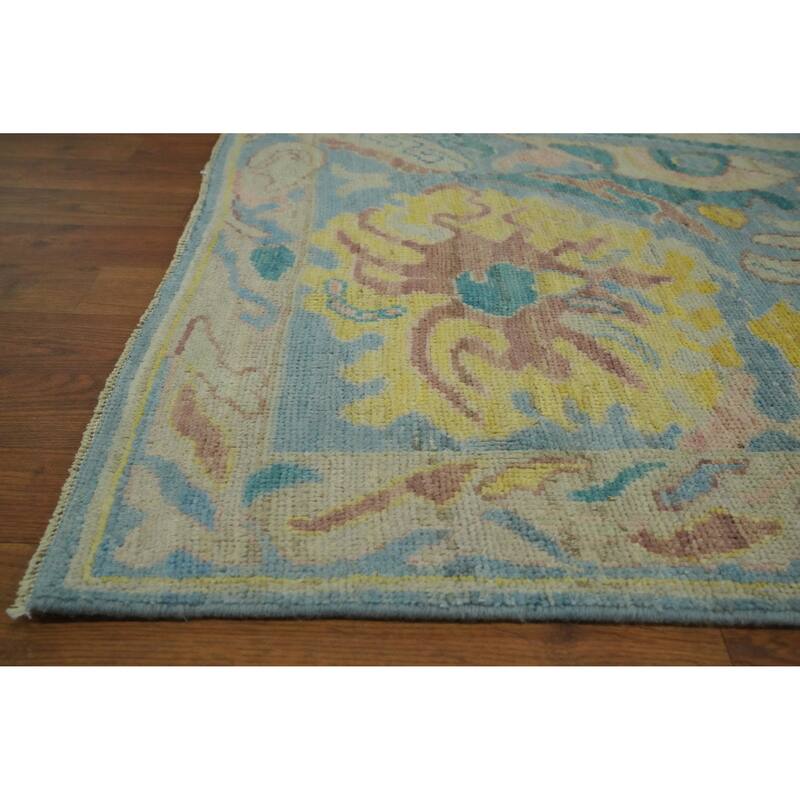Handmade Blue Floral Oushak Vegetable Dye Area Rug, Medallion Carpet - 9' 9'' X 8' 2''