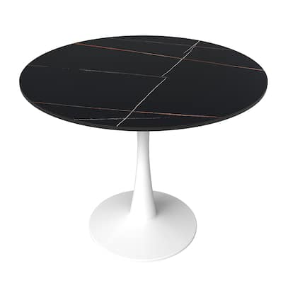 Bristol Round Dining Table for 4, 35" Sintered Stone Tabletop with White Stainless Steel Pedestal Base