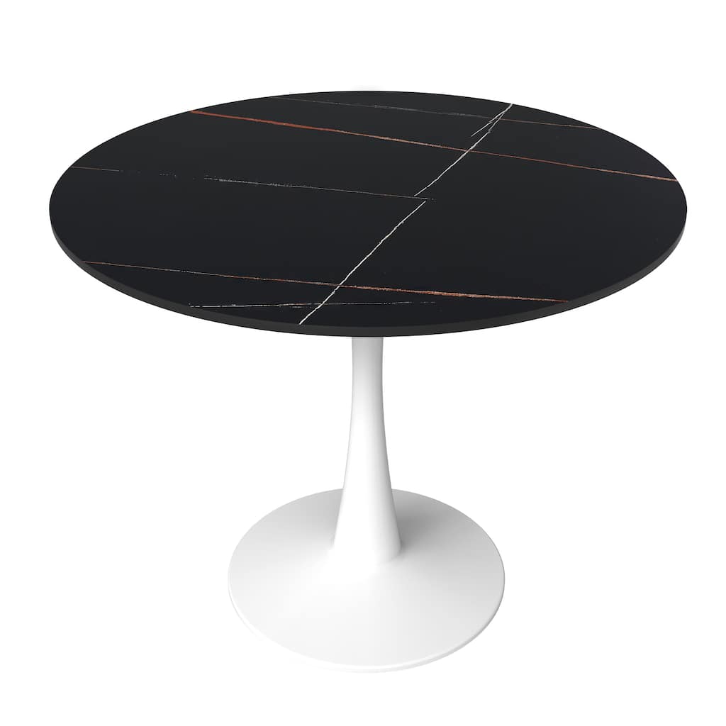 Bristol Round Dining Table for 4, 35" Sintered Stone Tabletop with White Stainless Steel Pedestal Base