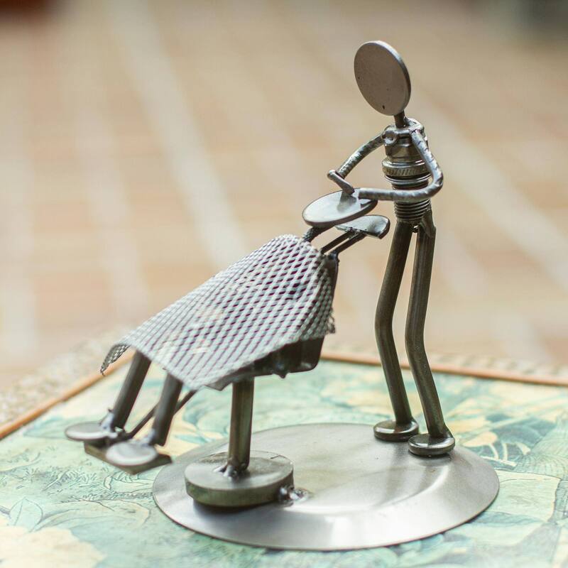 Novica Handmade Rustic Barber Recycled Auto Parts Sculpture