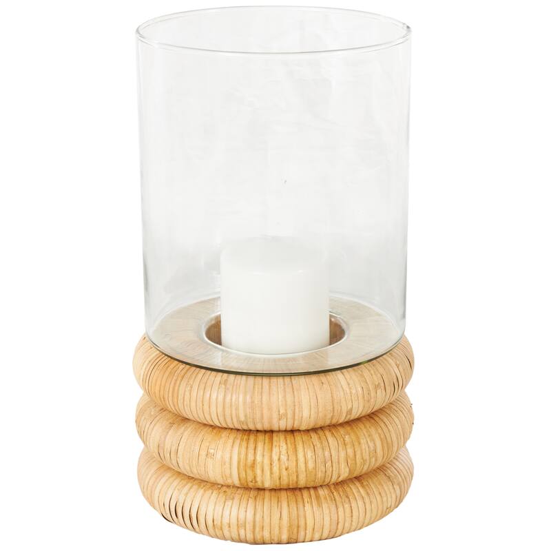 Clear Glass Round Room Hurricane Lamp with Light Brown Woven Base - 8"W x 8"L x 13"H