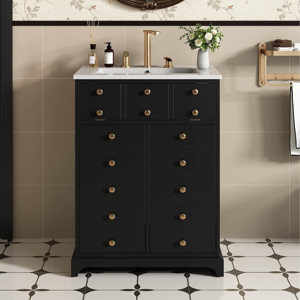 Roomfitters 24" Vanity with Ceramic Sink, Bathroom Cabinet with Drawer and 2 Soft Closing Doors, Compact Storage, Black