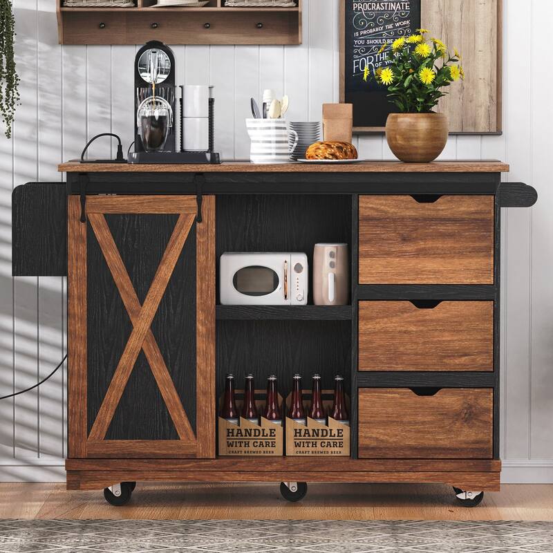 Farmhouse Kitchen Island with Drop Leaf, Kitchen Storage Island with Barn Door, Power Outlet, Rolling Kitchen Cart on Wheels
