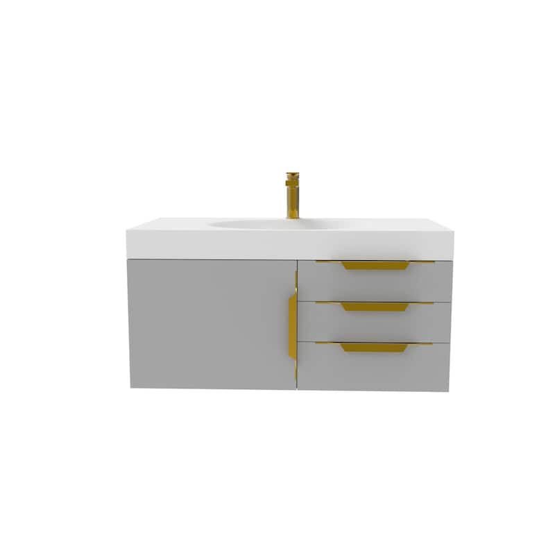 Thames 36" Shallow Basin Wall Mounted Bathroom Vanity Set w/ White Top - Grey - Gold Finish