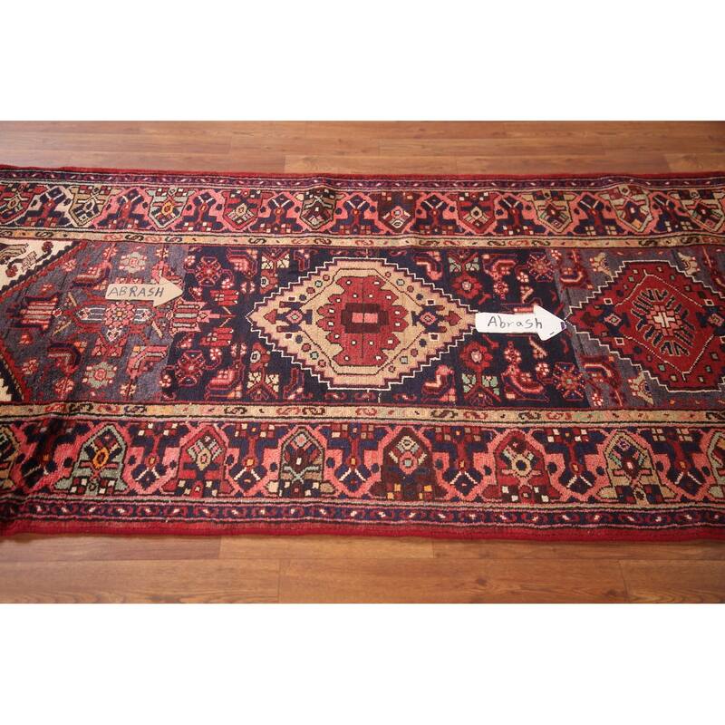 Hand Knotted Oriental 100% Wool Carpet Traditional Tribal Navy Blue & Blues Hamedan Runner Rug - 10' 9'' X 3' 6''