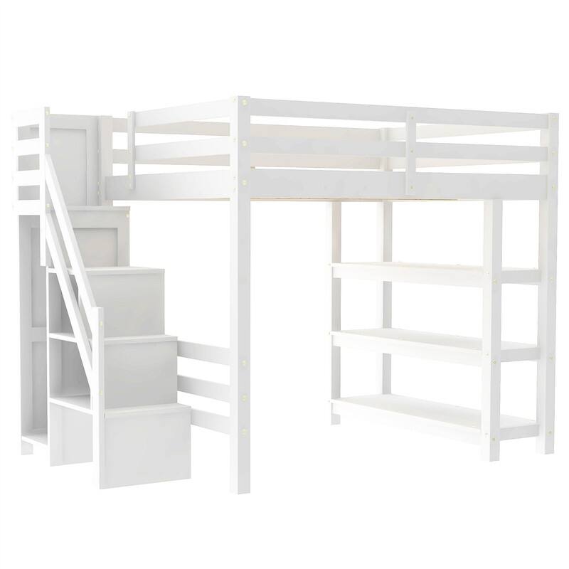 Twin/Full Size Loft Bed with Small Wardrobe and Storage Staircase, Solid Wood Loft Bedframe with LED Light and Storage Shelves