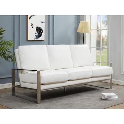 Jefferson 3 Seater Leather Sofa in Brushed Silver Stainless Steel Frame with Pocket Spring Couch for Living Room Office Lounge