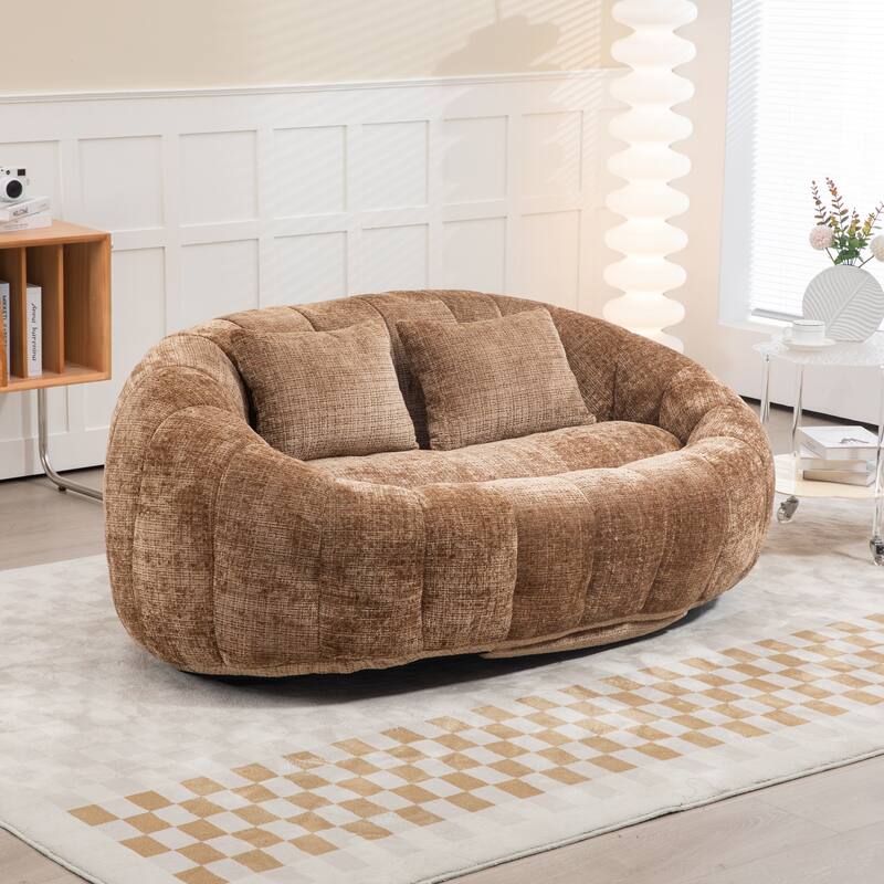Chenille Giant Bean Bag Chair, High-Density Foam Lazy Sofa Chair, Round Bean Bag Sofa with 2 Pillows & Curved Armrests
