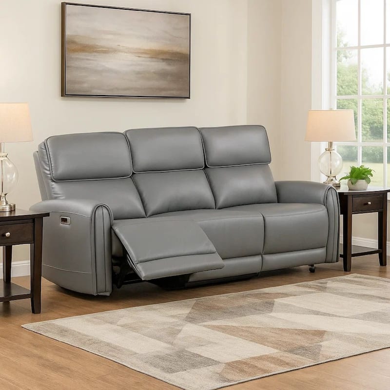 Sily Power Reclining Sofa, Gray Faux Leather, 81 Inch, USB Ports