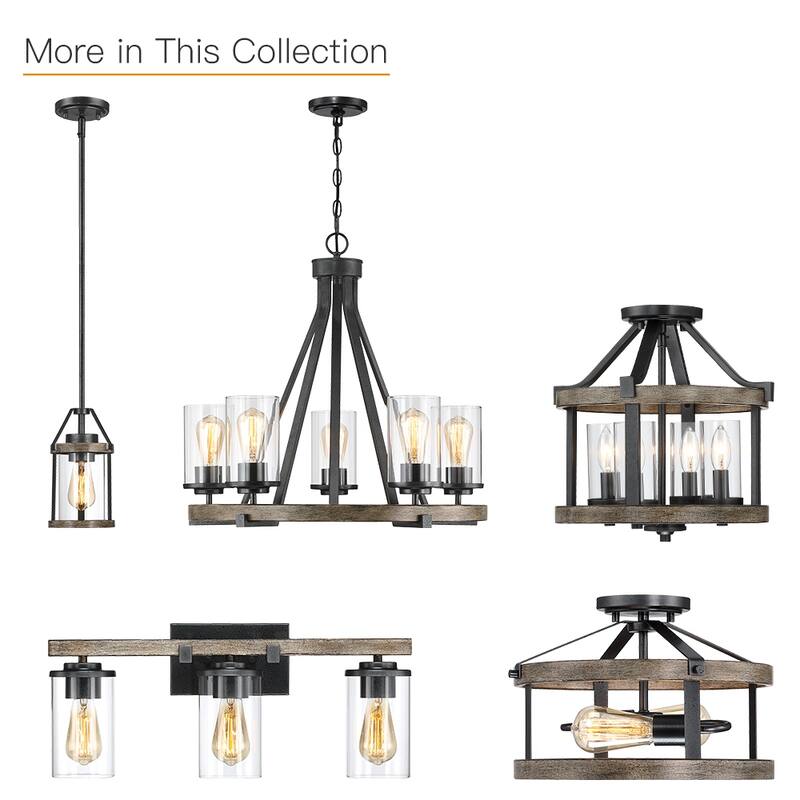 12.5 in. 4-Light Natural Iron and Distressed Faux Wood Modern Farmhouse Semi-Flush Mount Ceiling Light - 12.5"W