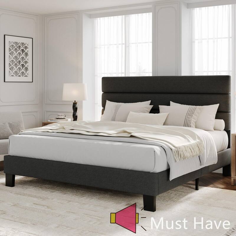 Platform Bed Frame with Adjustable Linen Headboard, Wood Slats