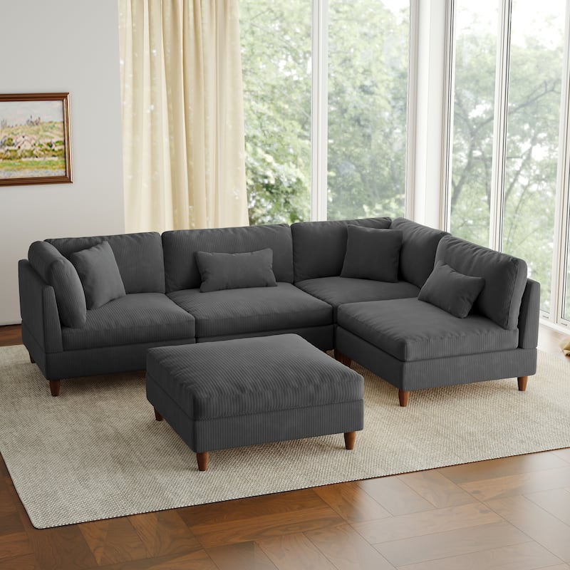 5-Piece Modern Comfy Corduroy Modular Sectional Sofa with Ottoman