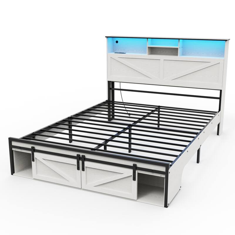 Wooden Platform Bed Frame with Bookcase Storage Headboard/Charging Station and LED Lights/Sliding Barn Door Storage at the Foot