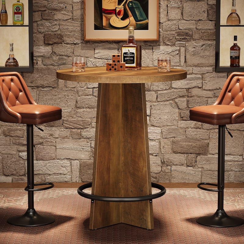 Round Bar Table with Pedestal Base, 37.4'' Tall Bistro Pub Table - Brown