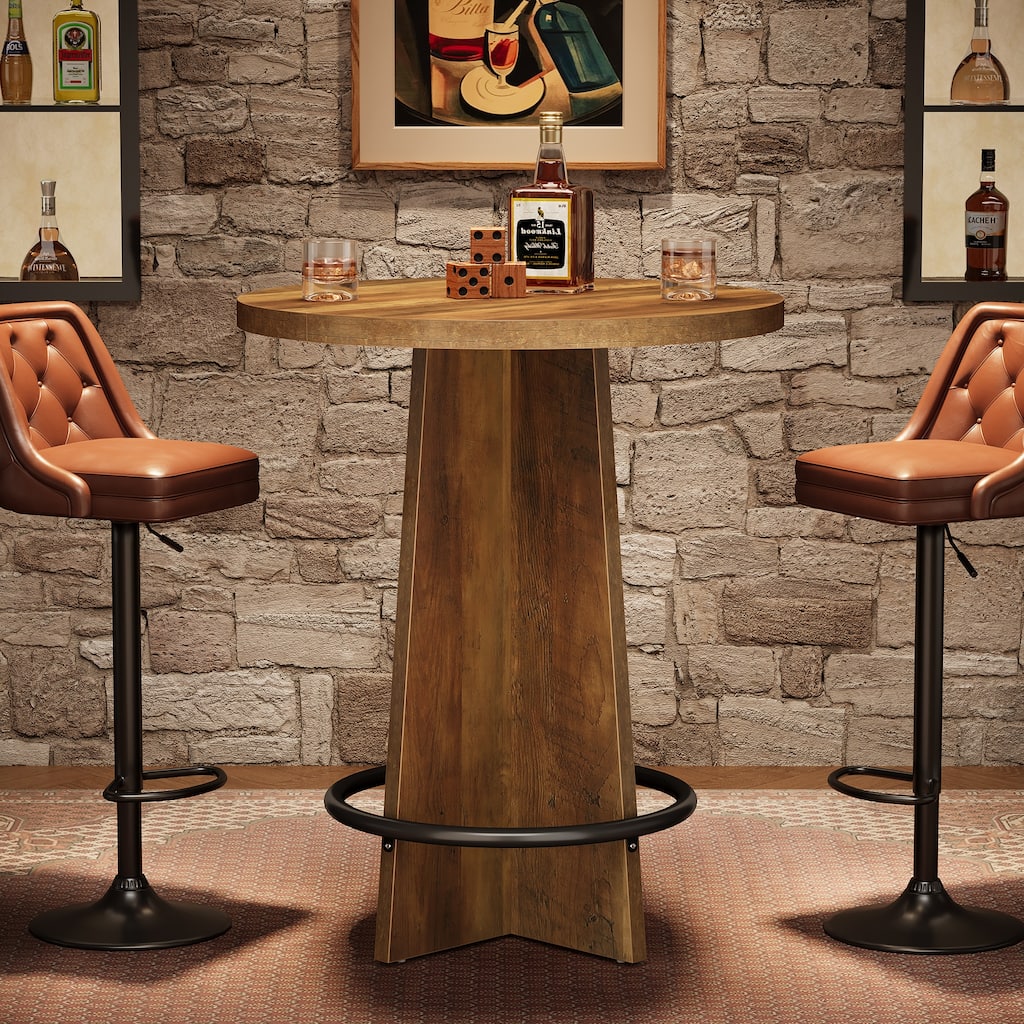 Round Home Bar Unit Wood Bistro Pub Table with Pedestal for Kitchen