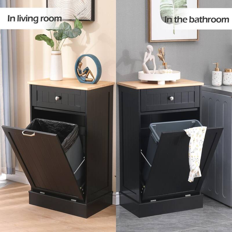 Erommy Tilt Out Trash Cabinet, Wooden Kitchen Trash Can Free Standing Waste Bin, Recycling Hideaway Garbage Can Holder