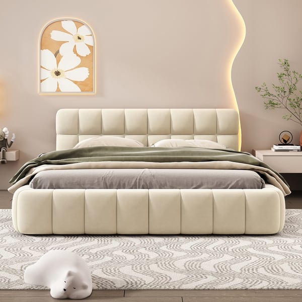 slide 2 of 9, Beige Queen Size Grounded Bed Solid Wood Slat Support Low-Profile Platform Frame Edge Thick Fabric Frame Futon Headboard