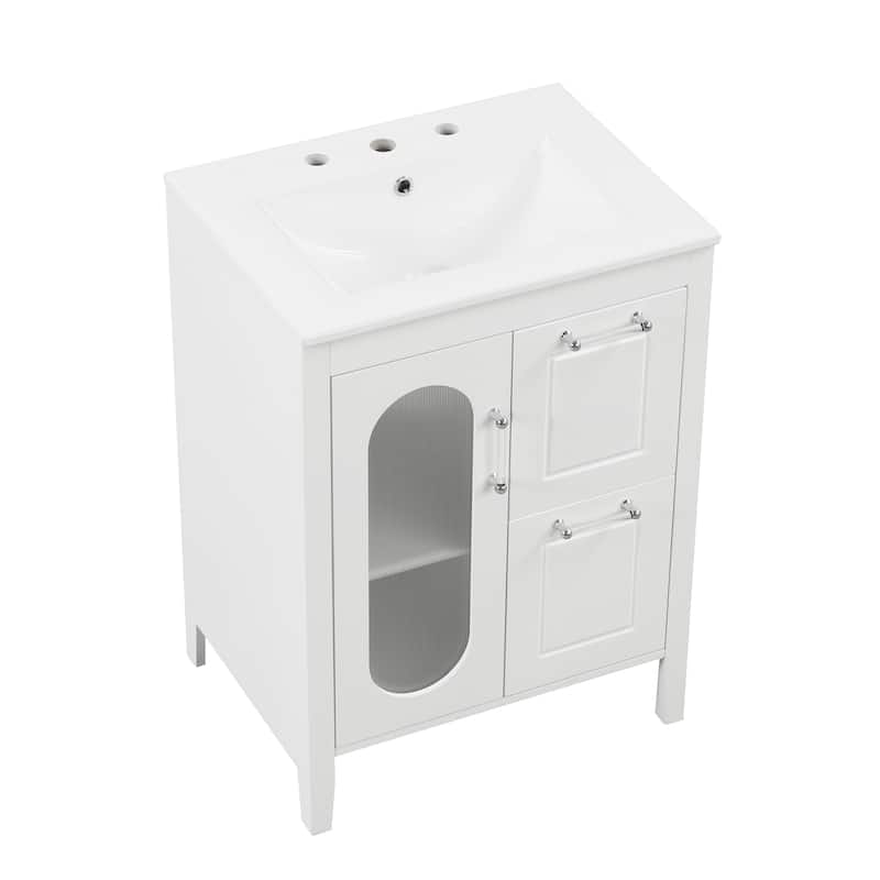 GDFStudio - Emma 24-Inch Bathroom Vanity with Ceramic Sink, Moru Glass Door and Adjustable Storage
