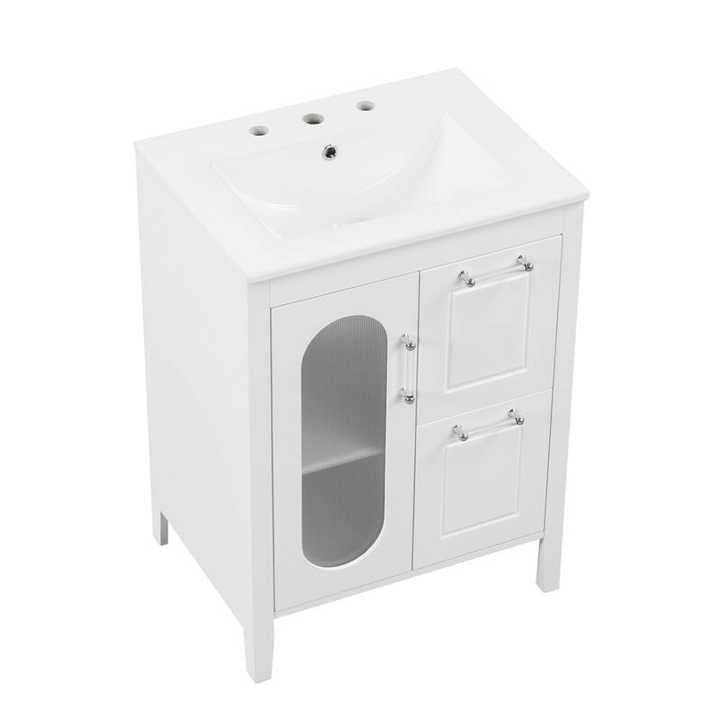 Roomfitters 24" Bathroom Vanity with Sink, Solid Wood Frame & Moru Glass Door, 2 Drawers & Adjustable Shelf