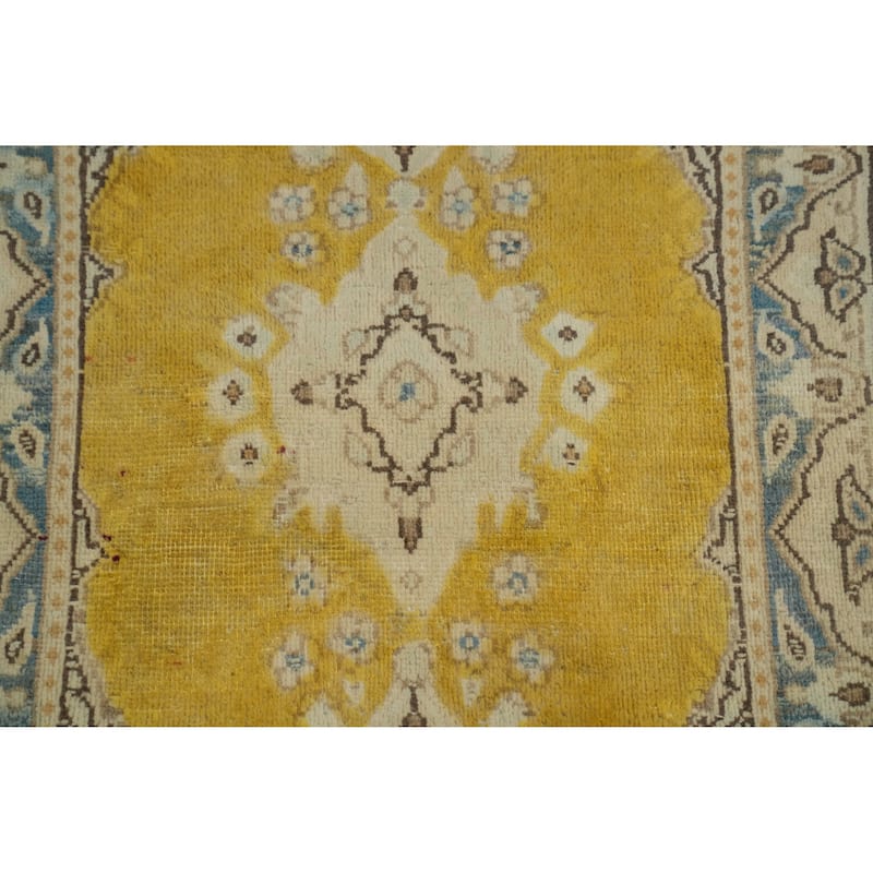 Hand Knotted Oriental 100% Wool Carpet Traditional Medallion Yellow & Gold Kerman Area Rug - 3' 7'' X 1' 9''