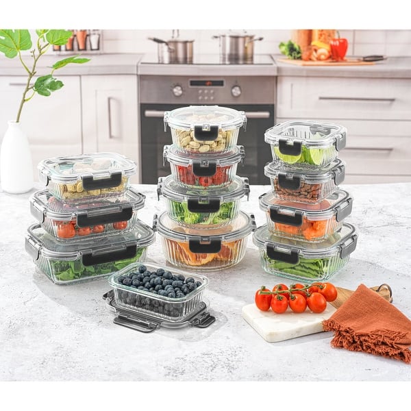 Black or Gray JoyJolt 24-Piece Fluted Glass Food Storage Container Set with Lids - 13.5 oz. 20.5 oz. 32 oz. 5.2 in. 5.9 in. 6.75 in. - Black