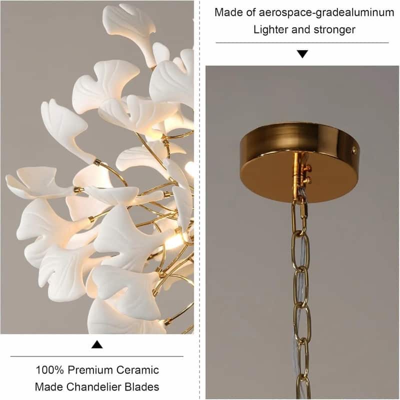 KAYLA Modern Gold Tree Branch Ginkgo Leaf Chandelier - 55" Rectangle Ceramic & Aluminum Design