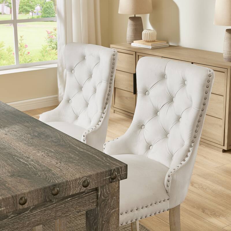 Mordern Fort Vintage Dining Table Set, Tufted Upholstered Chairs with Studded Trim