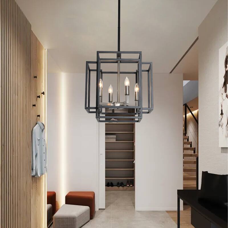 4 Light Foyer Chandelier, Lantern Pendant Light Cage Hanging Light for Entryway Dining Room, Black and Gold Finish