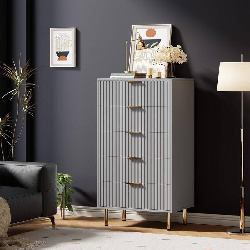 Fluted 5 Drawer Deep Dresser for Bedroom, Living Room, Hallway, Kids Room - Grey