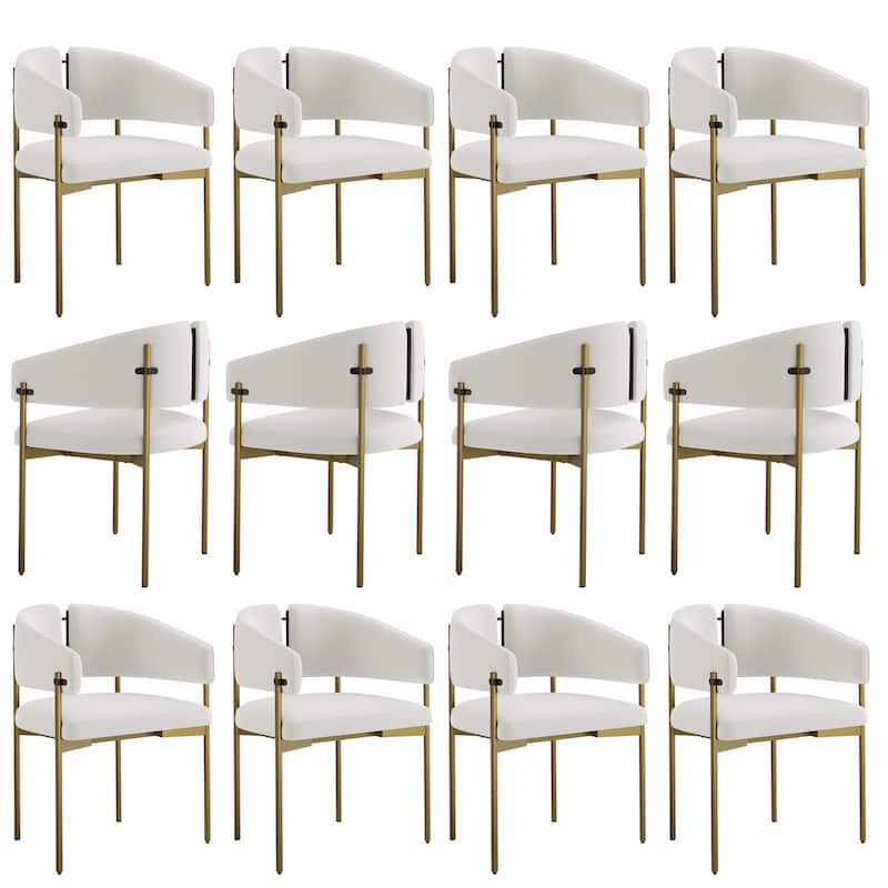 Classic and Luxurious Barrel Dining Chairs with Arms - Set of 12 - Brushed Gold and White