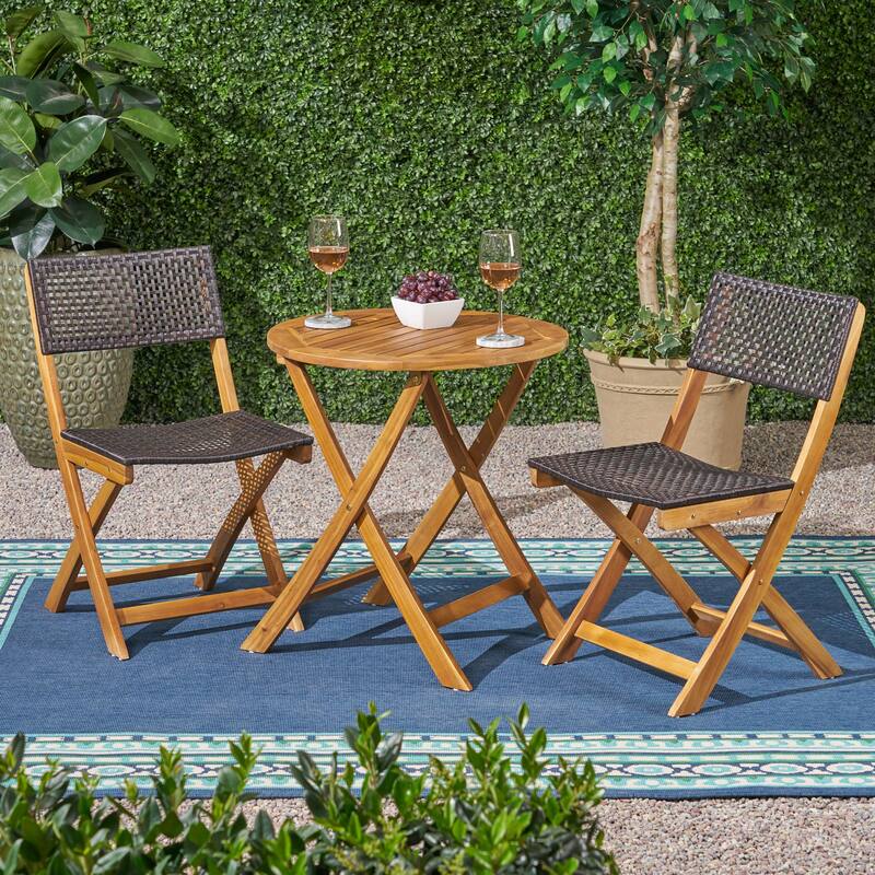 3 Piece Acacia Wood Patio Folding Bistro Set with Wicker Weave Seating and Backrest