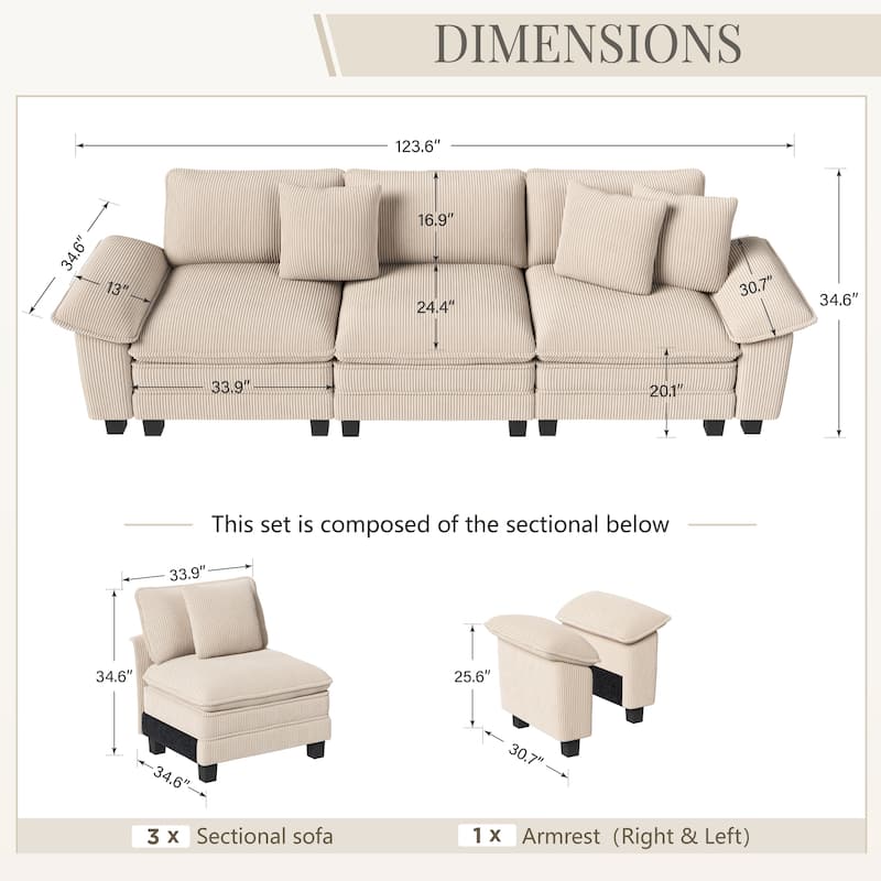 MAISON ARTS Cloud Modular Deep Seat Sofa, Chenille or Corduroy Sectional Couch with Removable Arms, 1–4 Seater