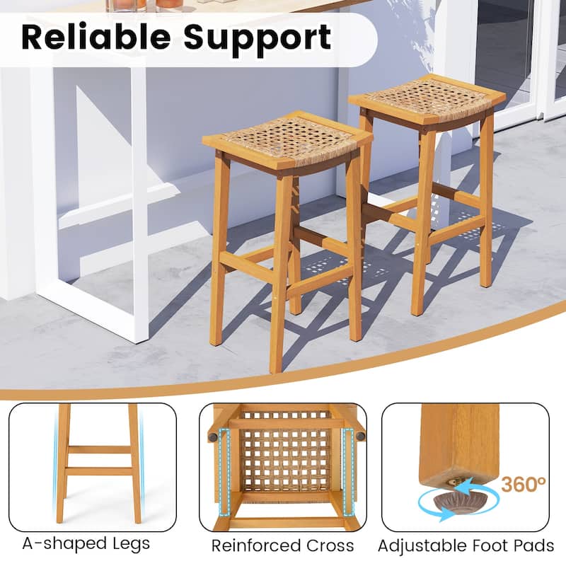 Natural Set of 2 Patio Acacia Wood Bar Stools with PE Rattan Saddle Seat for Deck or Balcony - Stool: 14" x 18" x 29"