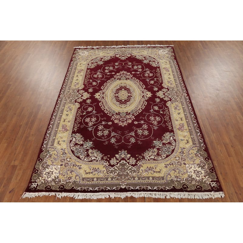 Burgundy Red Aubusson Turkish Rug Machine Made Carpet - 6'7" x 9'9"